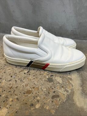 Burberry White Leather Slip-On Sneakers with Red & Black Stripe
